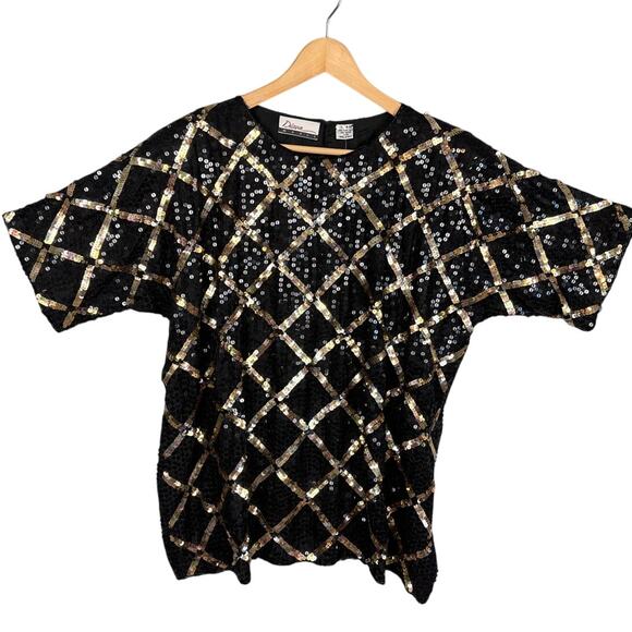 Vintage Diana Marco Plus Size Sequined Black & Gold Silk Top Deadstock NWT 18-20 - Picture 1 of 10